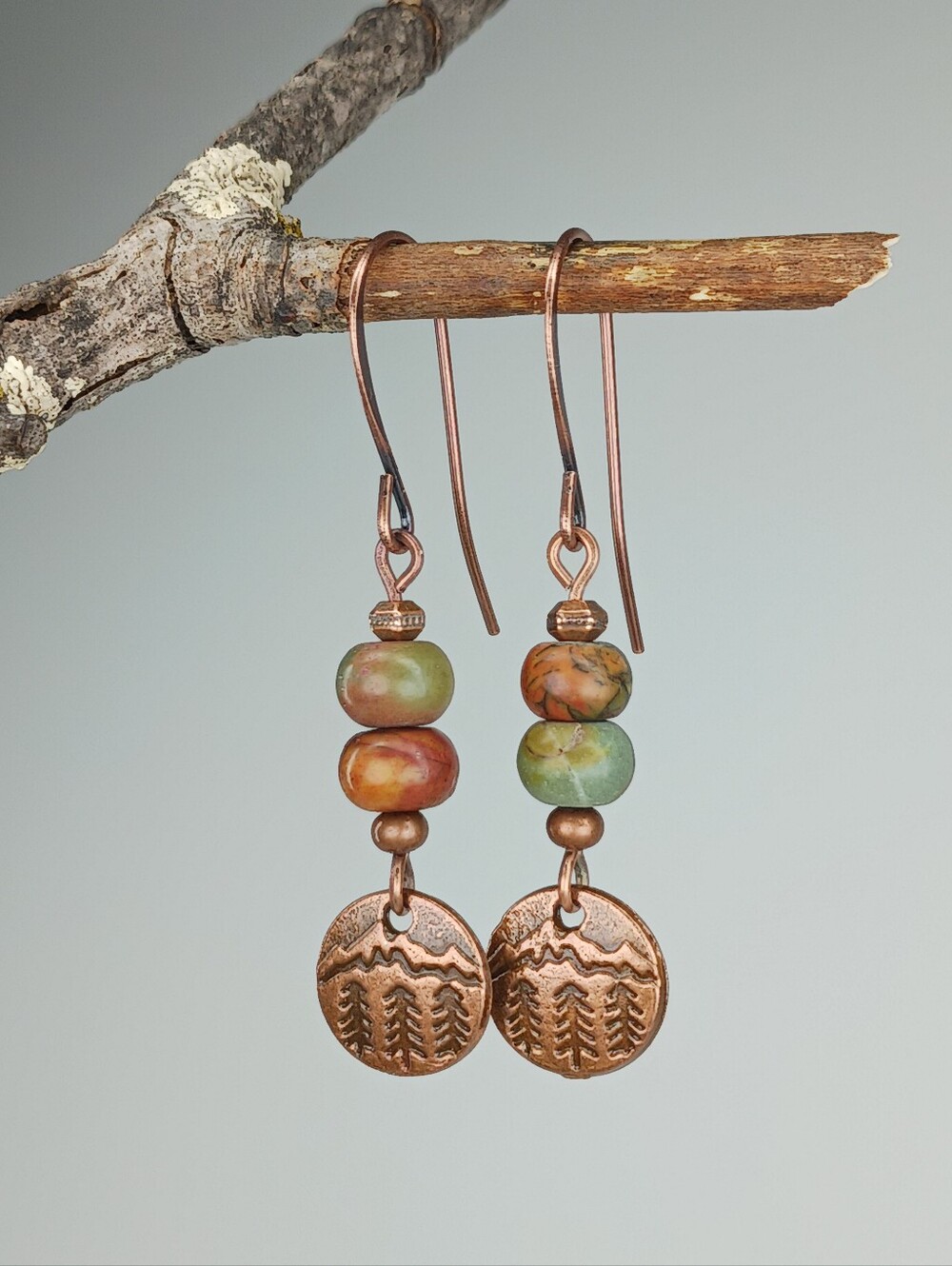 Red Creek Jasper Earrings Copper Mountain Pine Tree Nature Hand Crafted - Picture 2 of 6